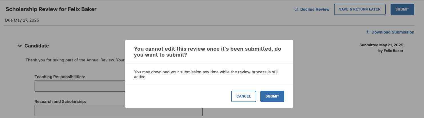 The submission confirmation popup showing a message that the review cannot be edited after submission. Popup showing Cancel and Submit buttons.