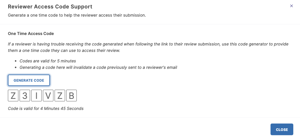 The Reviewer Access Code Support section showing a Generate Code button with a one‑time code displayed below and a countdown timer. Generate Code option highlighted.
