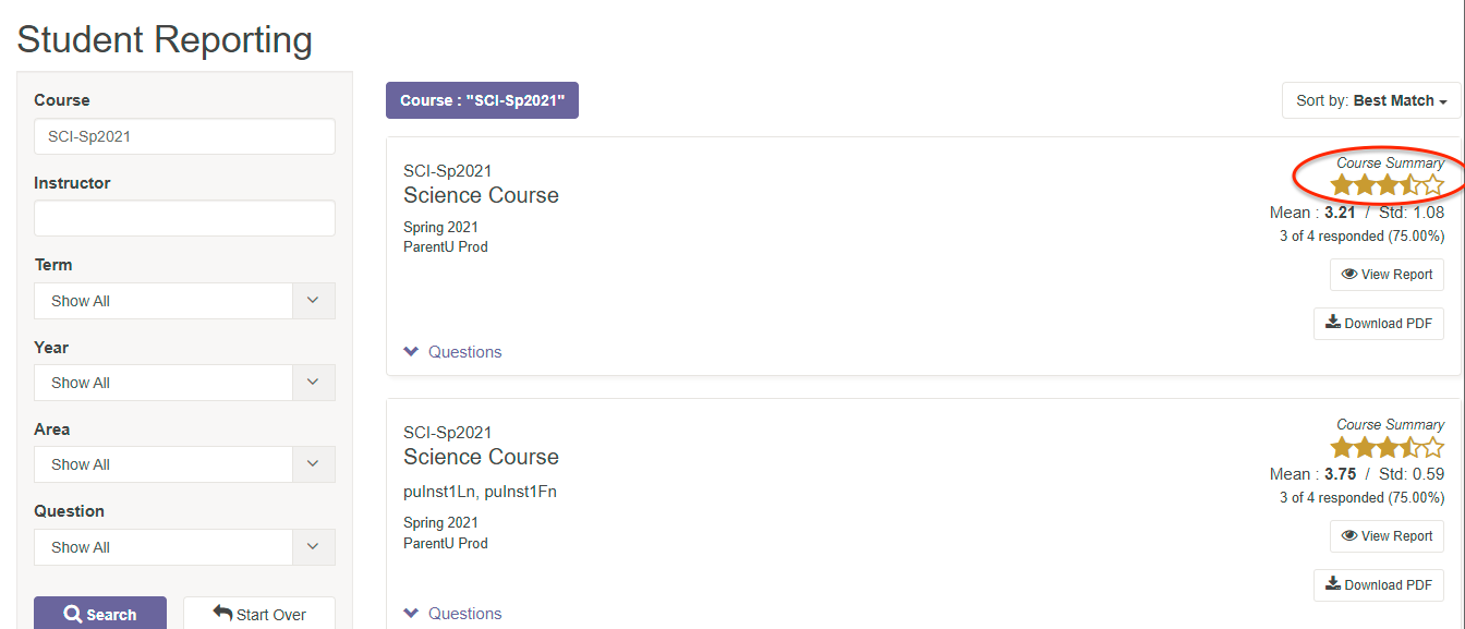 The Student Reporting page showing search filters for course, instructor, term, year, area, and question with Search and Start Over buttons, followed by course result cards listing course details, Questions toggle, View Report button, and Download PDF button, with the Course Summary rating highlighted.