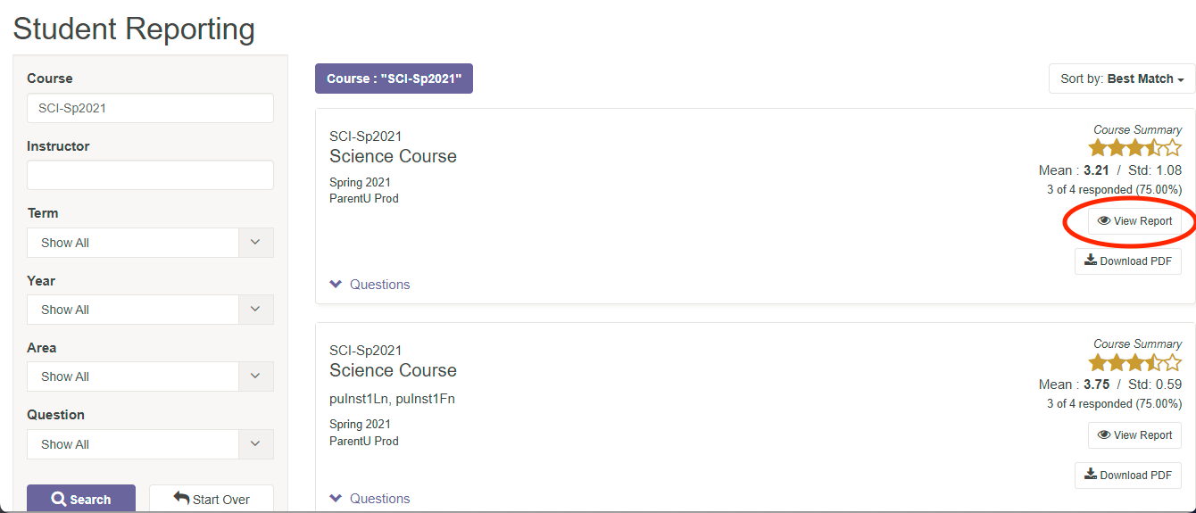 The Student Reporting page showing search filters for course, instructor, term, year, area, and question with Search and Start Over buttons, followed by course result cards listing course details, Questions toggle, View Report button, and Download PDF button, with the View Report button highlighted.