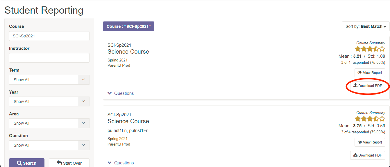 The Student Reporting page showing search filters for course, instructor, term, year, area, and question with Search and Start Over buttons, followed by course result cards listing course details, Questions toggle, View Report button, and Download PDF button, with the Download PDF button highlighted.