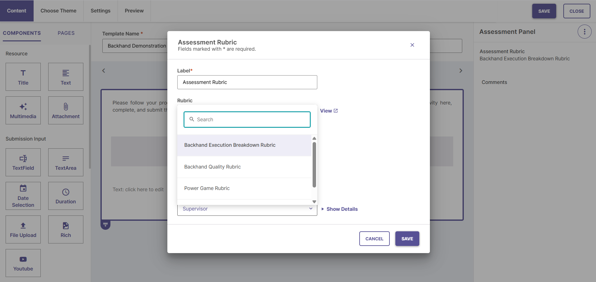 Screenshot of the activity template interface, showing a search bar for adding rubric components.