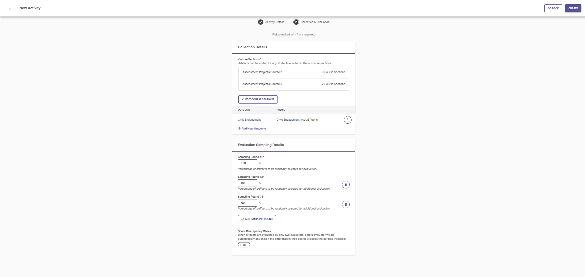 Screenshot of the assessment project activity configuration, highlighting the option to include up to four evaluation rounds with distinct sample percentages.