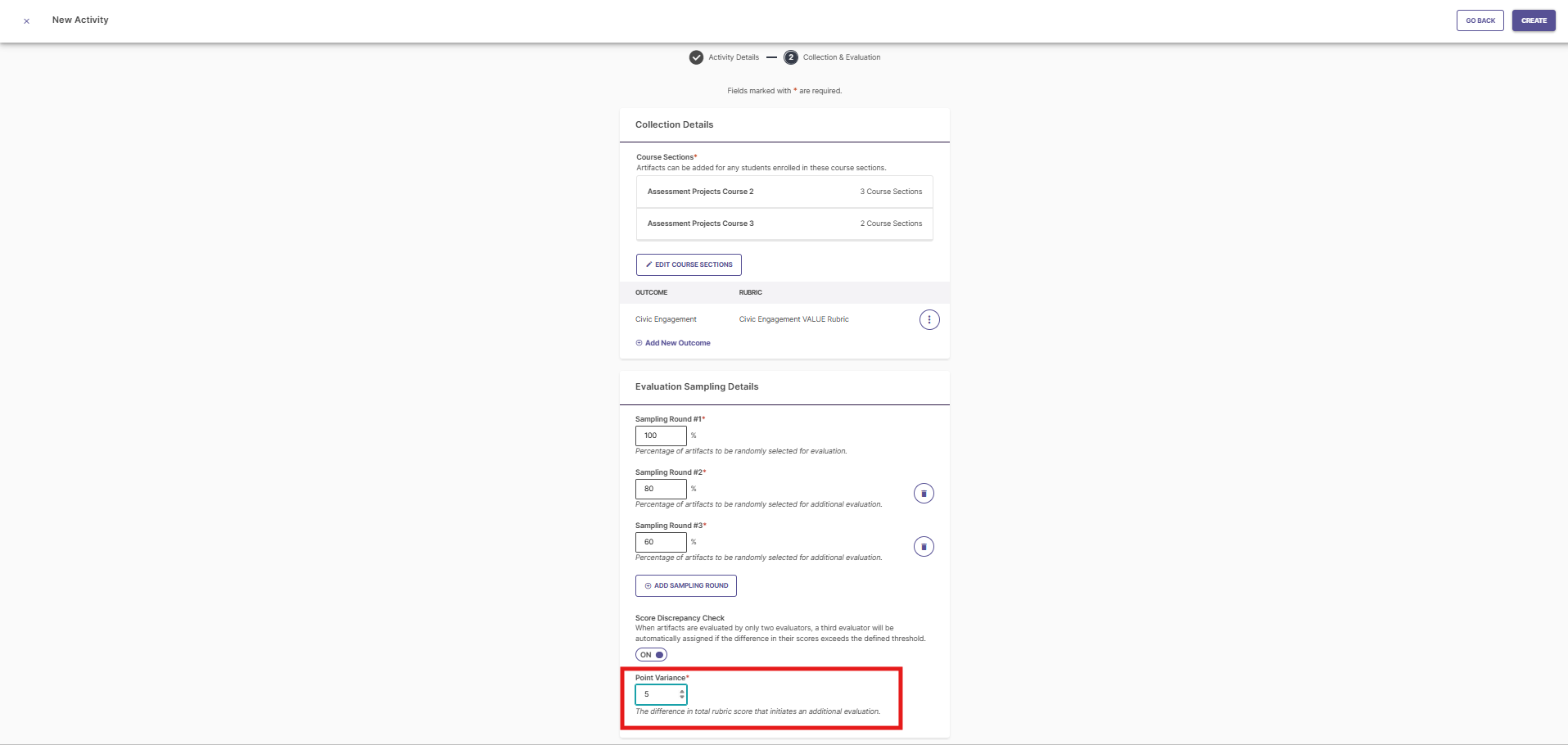 Screenshot displaying the score discrepancy check settings within an assessment project, showing the defined point variance option.