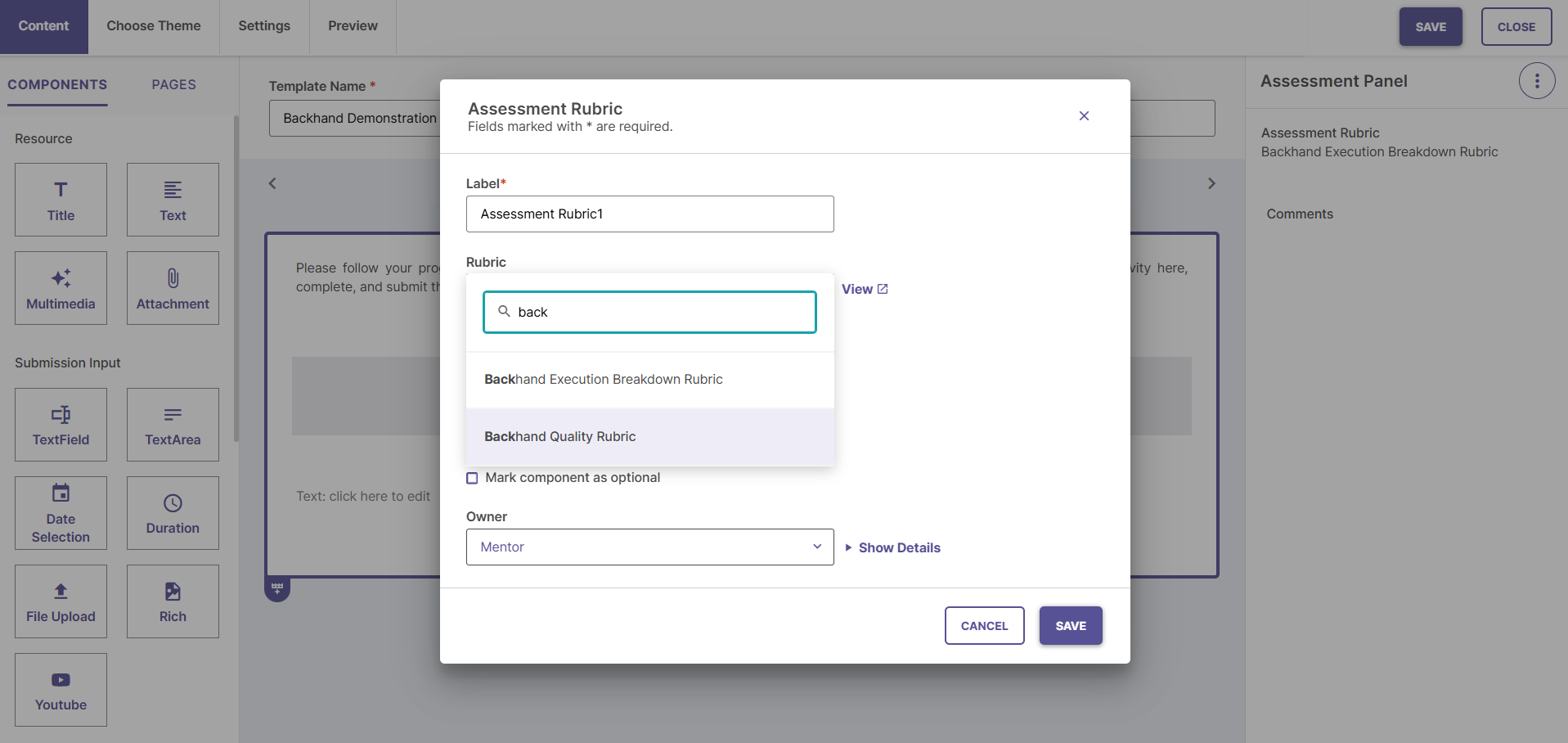 Screenshot showing search results for rubrics when adding to an activity template, with various rubrics listed.