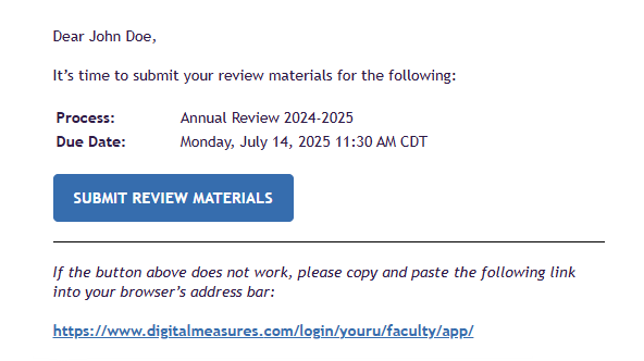 Example of a Workflow Email Notification, showing a button for Submit Review Materials and a hyperlink