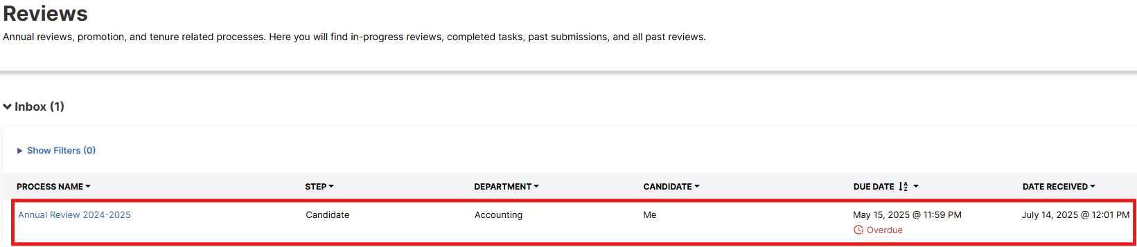 Reviews menu highlighting a currently available process for the faculty to complete