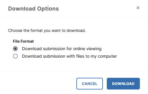 Pop-up menu showing the two download options available for submissions