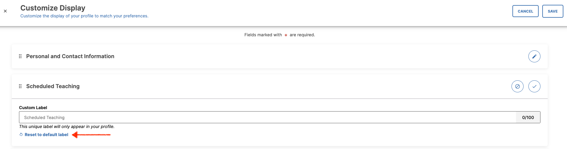 Reset custom label button to revert the original screen name.