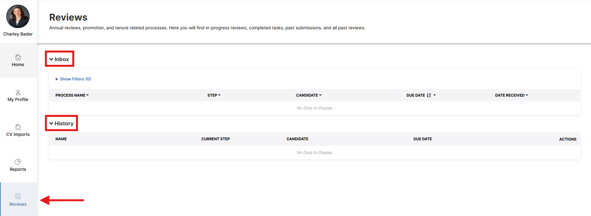 Reviews menu item selected showing the Inbox and History tables for a Sample Faculty
