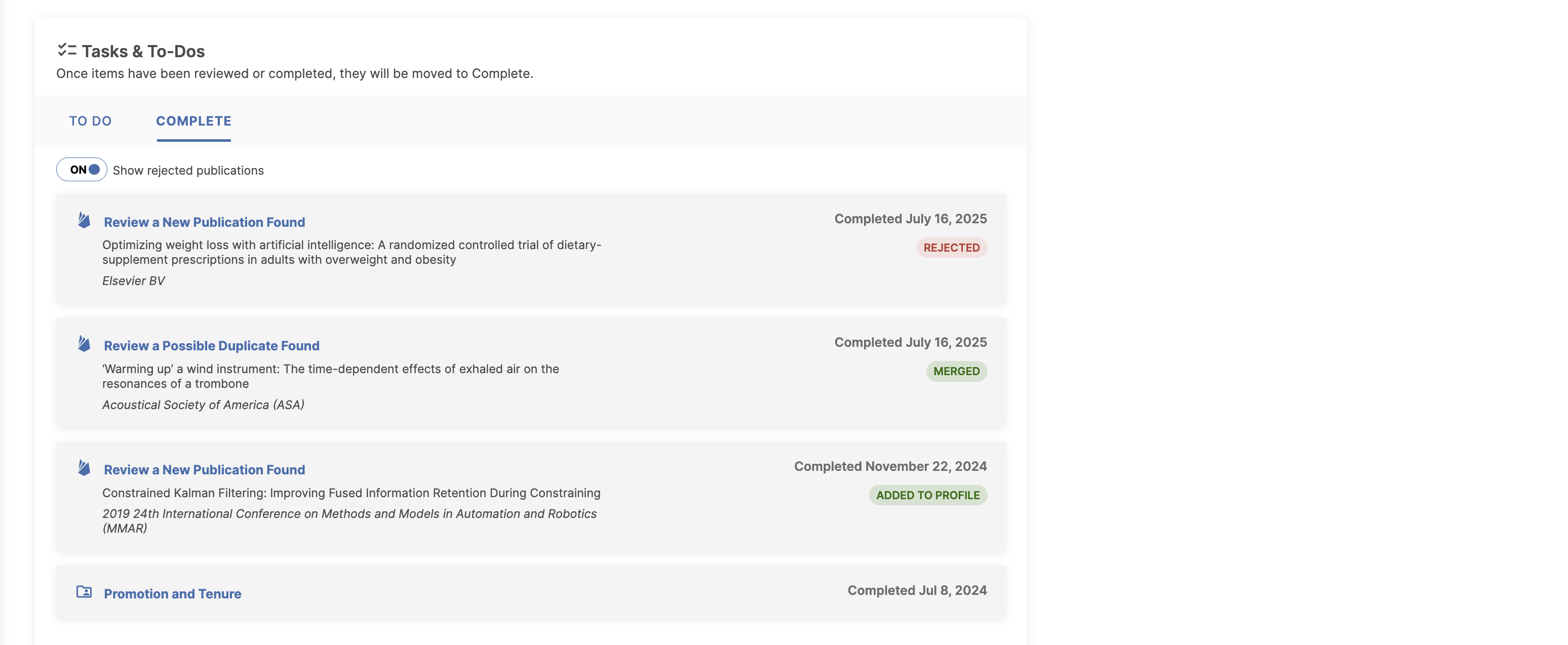 Screenshot showing the complete tab of the Tasks and To Dos section