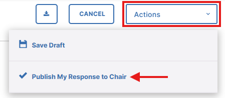 Action menu expanded showing the option to Publish My Response to Chair