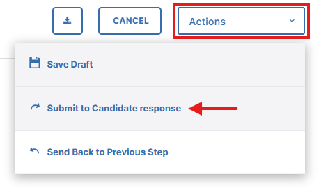 Action menu expanded on the submission page with the Submit to Candidate response highlighted