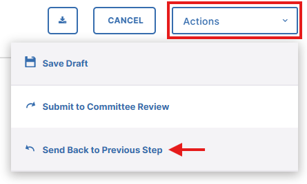 Action menu expanded showing the option to Send Back to Previous Step