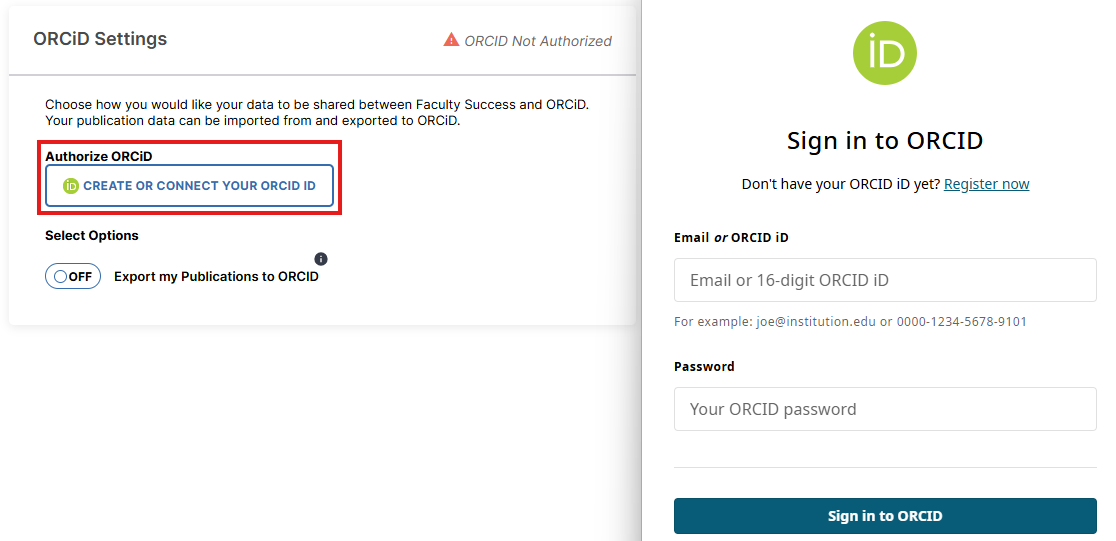 ORCID authorization window displayed after selecting the option to Create or Connect ORCID ID