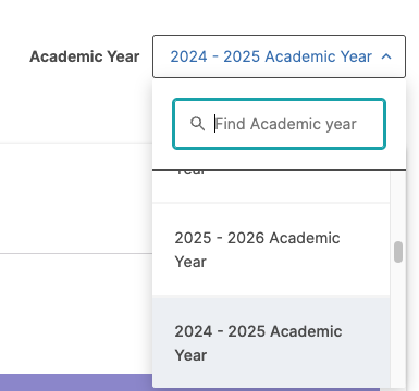 The 'Academic Year' dropdown showing the selected '2024 - 2025 Academic Year,' with a search bar to find specific academic years.