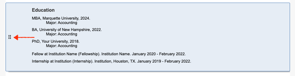 Drag-and-drop handle to reorder sections in report