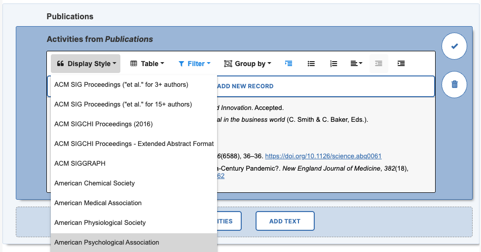 Display style showing under format bar for publications section