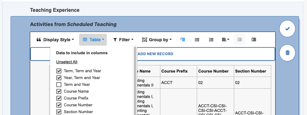 Table display section for table format