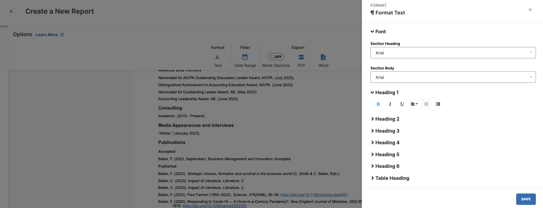 option for settings Fonts in Reports