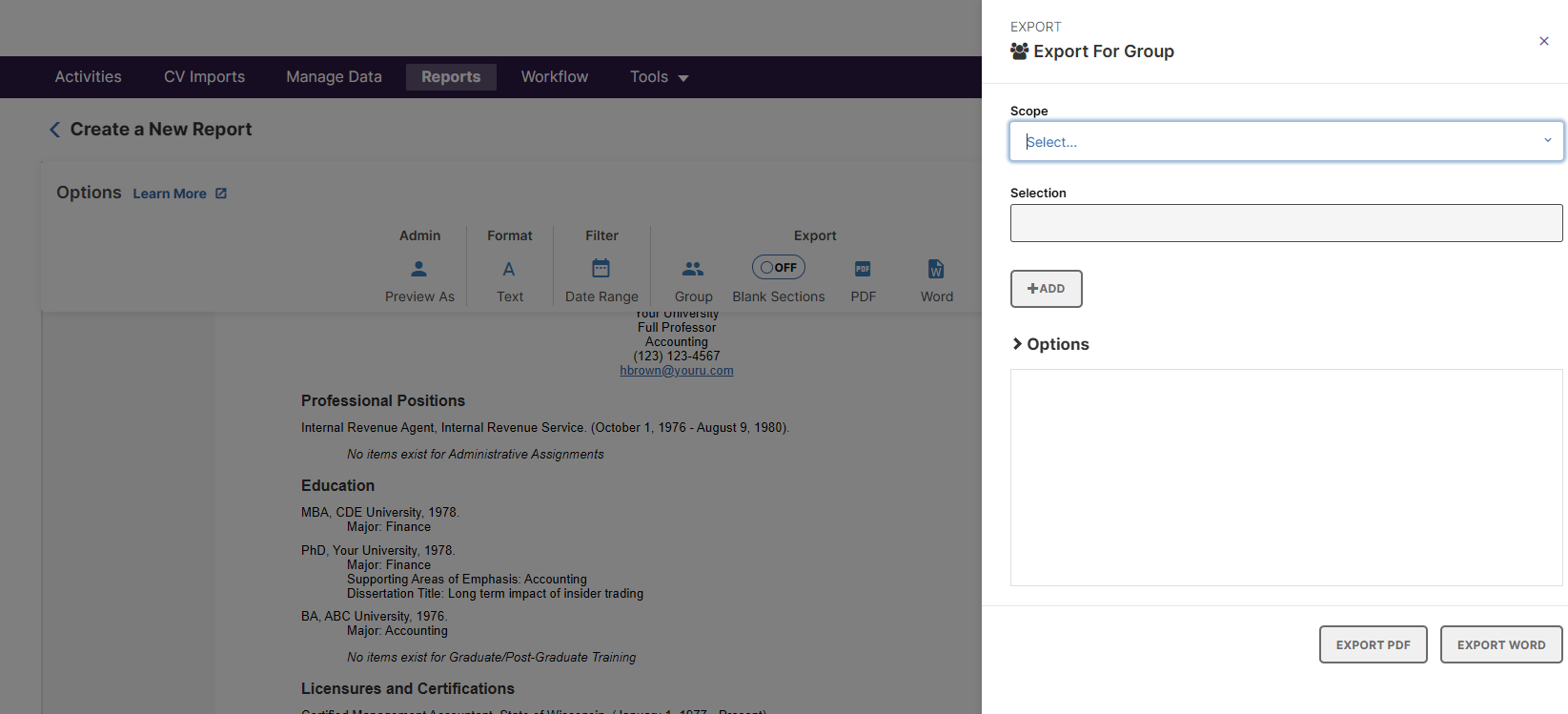 Self Service Report export option for group of users