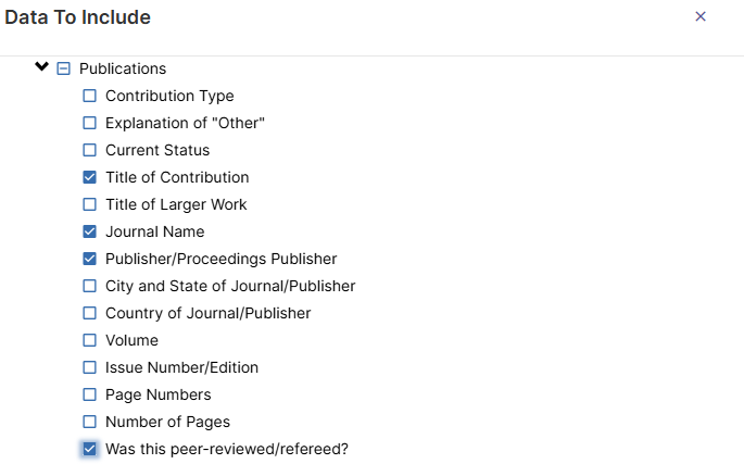 Example selections for Data to Include with individual fields from Publications selected