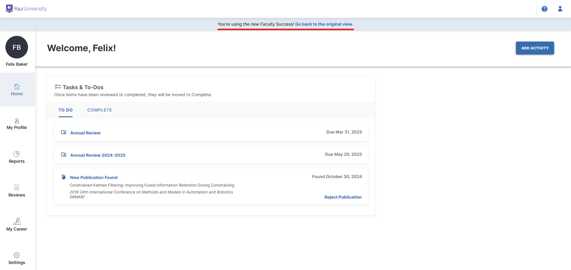 View of the main page for the new Faculty Experience
