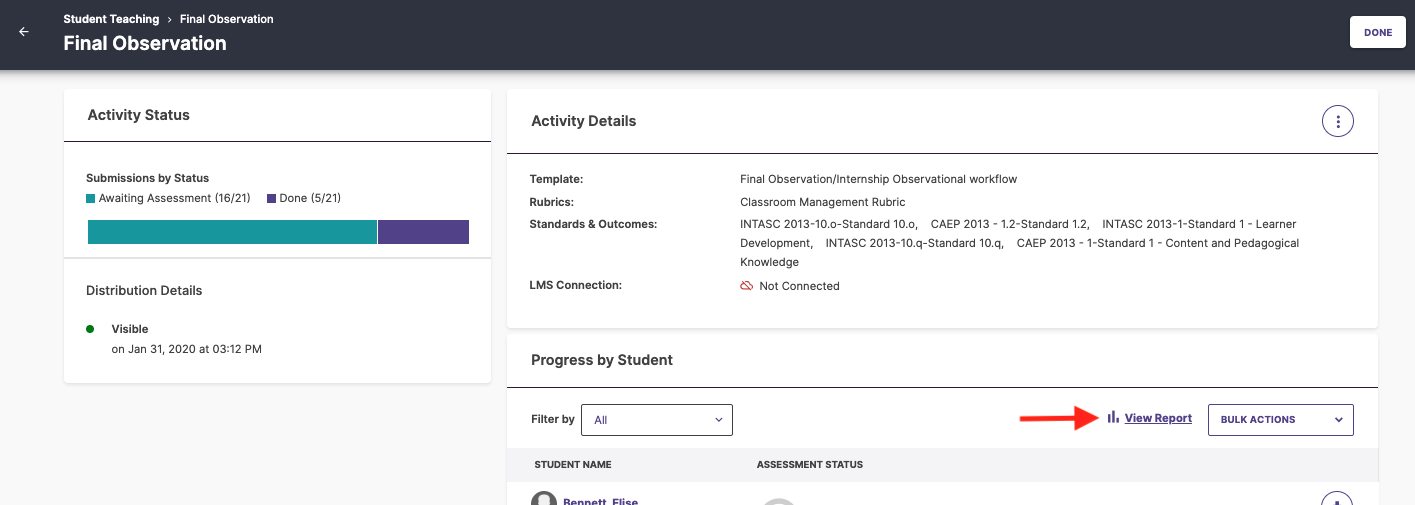The Final Observation page showing activity status counts and distribution details on the left, activity details on the right, and a Progress by Student table below with a filter dropdown. A View Report link highlighted with an arrow appears above the table next to the Bulk Actions menu.