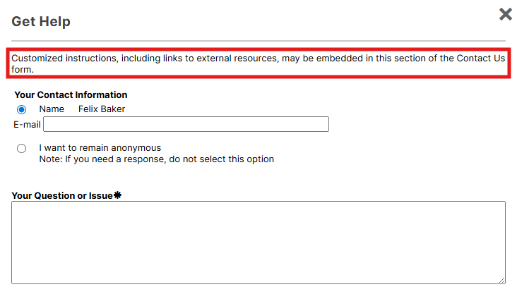 Contact Us modal with instructional text added at the top