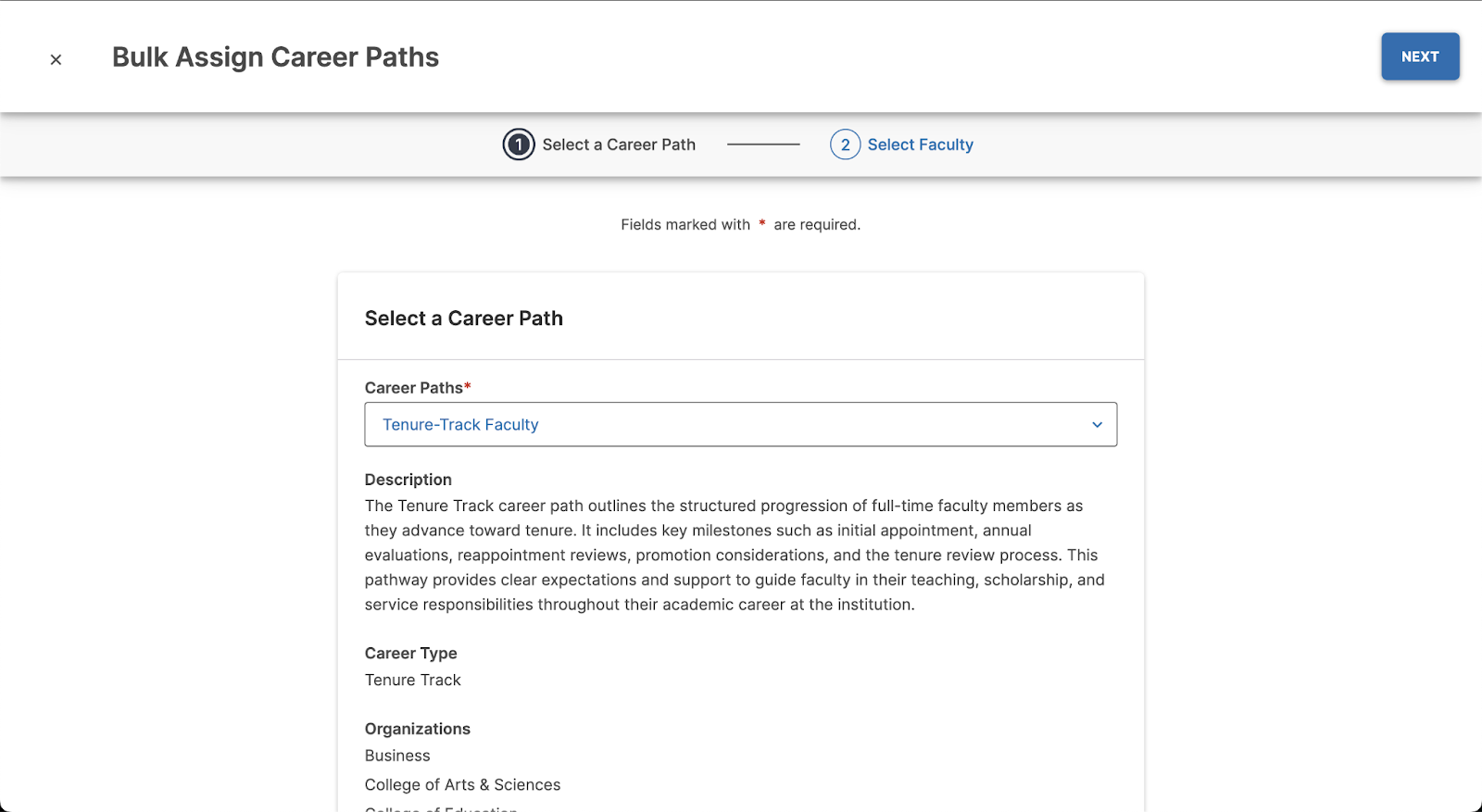 The Bulk Assign Career Paths page showing Step 1 Select a Career Path, with Tenure-Track Faculty selected in the required Career Paths dropdown and its description displayed below.
