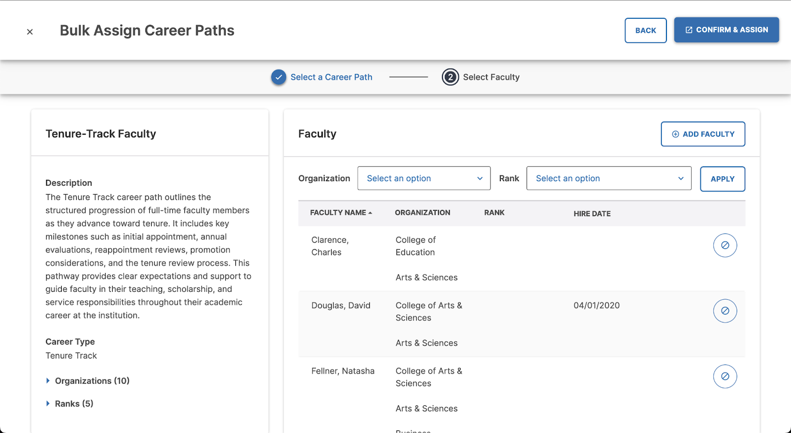 The Bulk Assign Career Paths confirmation screen showing the Tenure-Track Faculty career path on the left and a list of selected faculty on the right, with Back and Confirm & Assign buttons available at the top.