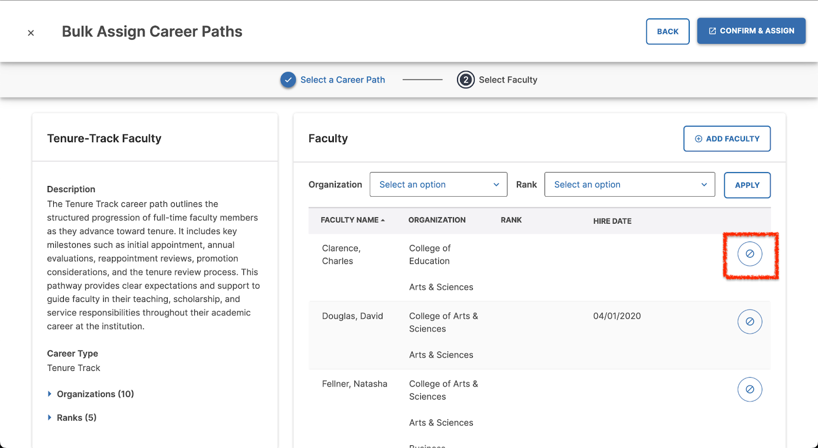 The Bulk Assign Career Paths page showing the Tenure-Track Faculty career path and selected faculty list, with the remove (circle with slash) icon highlighted next to a faculty member in the Hire Date column.
