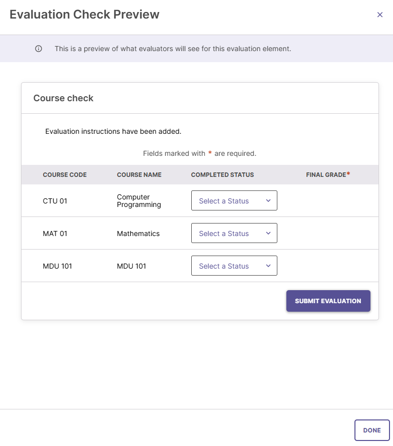 The Course Check component configuration page.