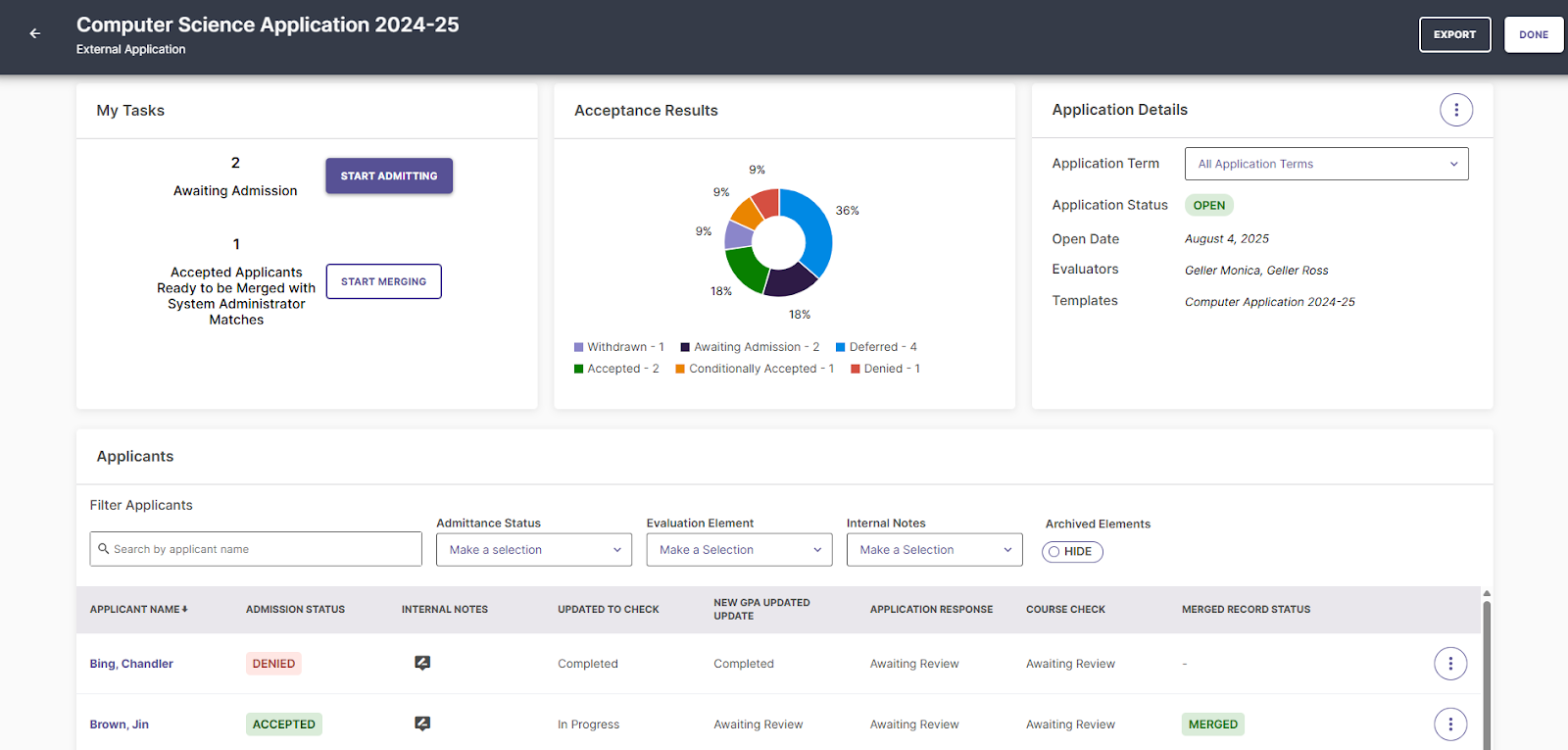 The updated Application Overview page showing application status summary cards, a pie chart of acceptance results, application details, and filter options.