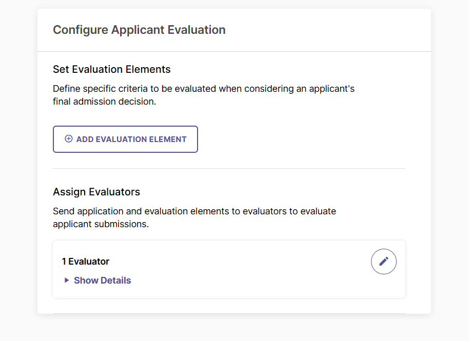 The Configure Applicant Evaluation card with the 'Add Evaluation Element' button.