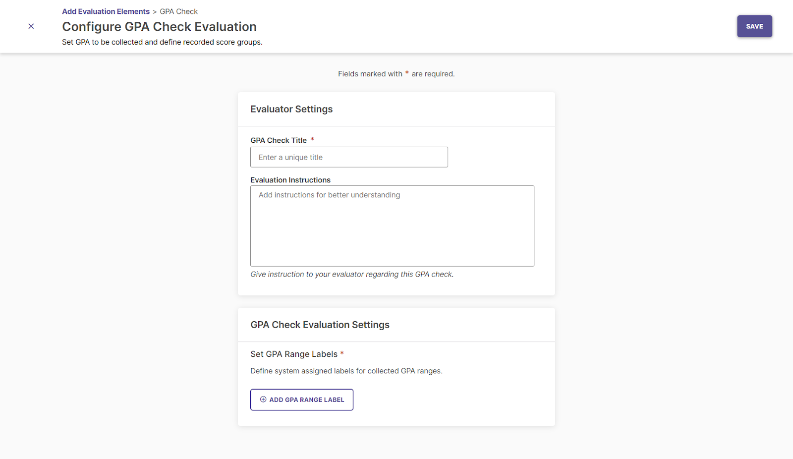 The GPA Check component configuration page.
