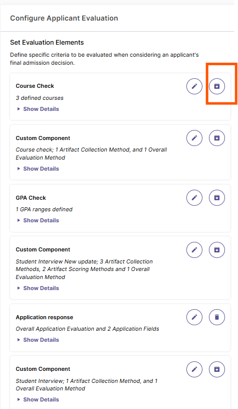 The Configure Applicant Evaluation page showing a list of evaluation elements, with the archive icon highlighted.