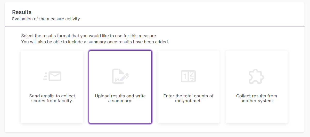 The Results page showing result format options, with 'Upload results and write a summary' option selected.