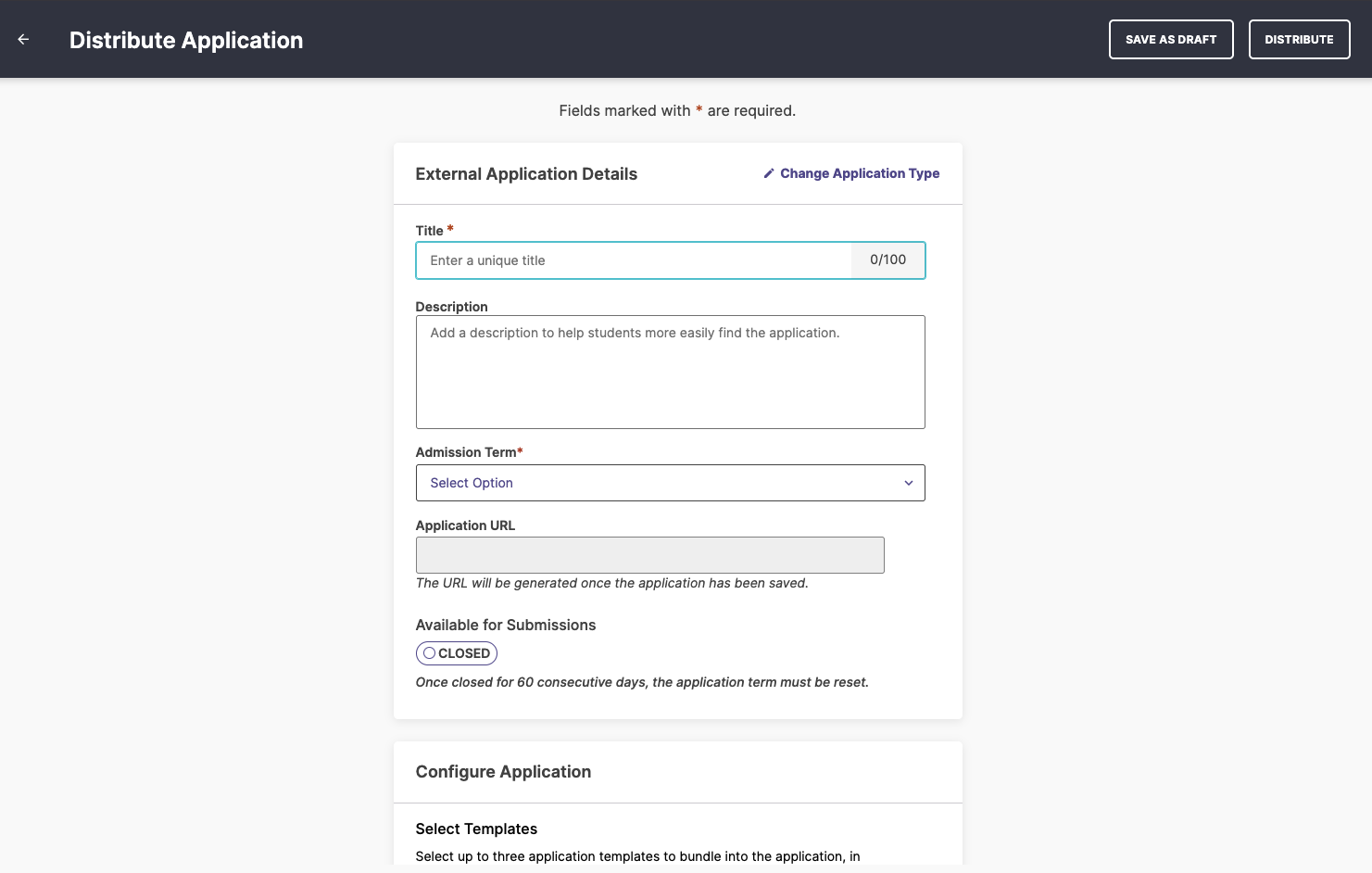 The 'Distribute Application' page for external applicants, showing the fields for 'Title' and 'Admission Term'.