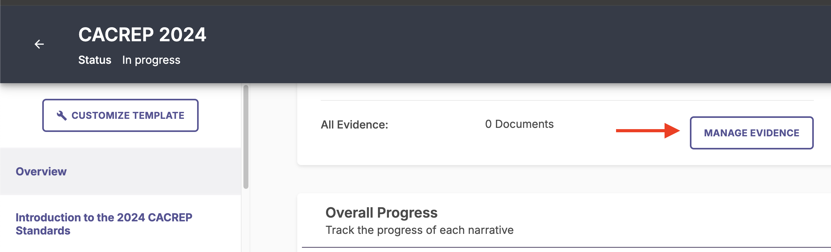 The evidence section showing the total number of documents with a button to manage evidence.
