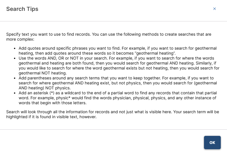 The expanded Search Tips box, with a bulleted list of search recommendations.