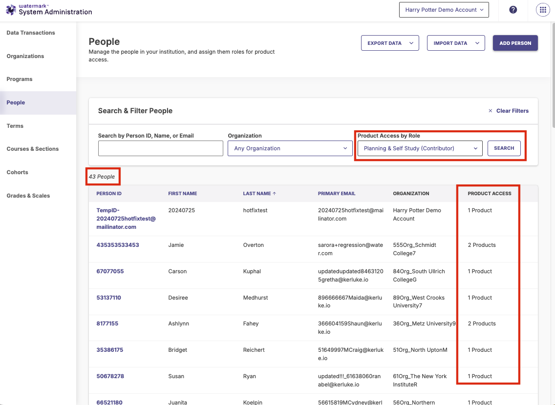 The Person Details Page under System Administration highlighting the 'Product Access by Role' filter, the number of people and the 'Product Access' column.