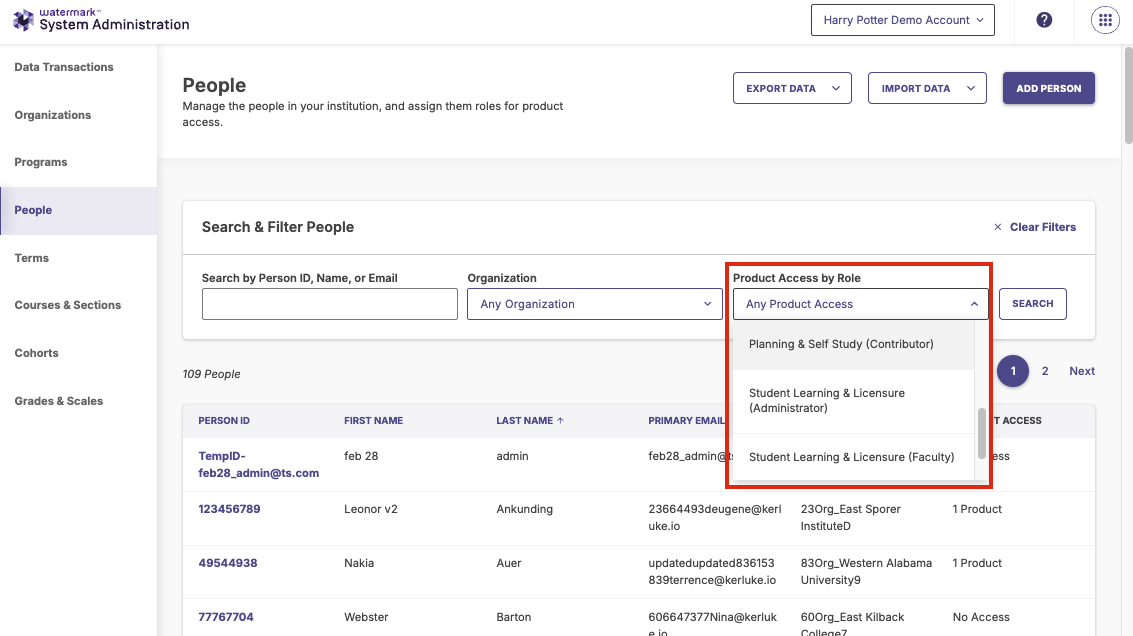 The Person Details Page under System Administration highlighting the 'Product Access by Role' column.