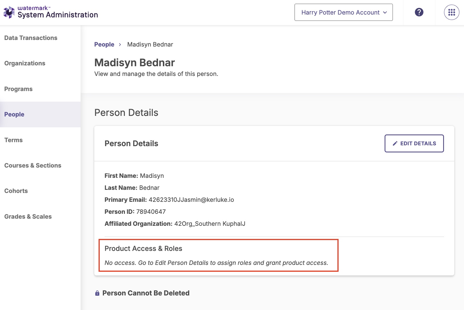The details page for the person named Madisyn Bednar, highlighting 'Product Access and Roles'.