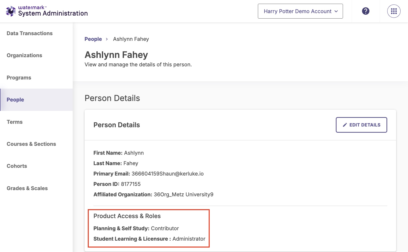 The details page for the person named Ashlynn Fahey, highlighting 'Product Access and Roles'.