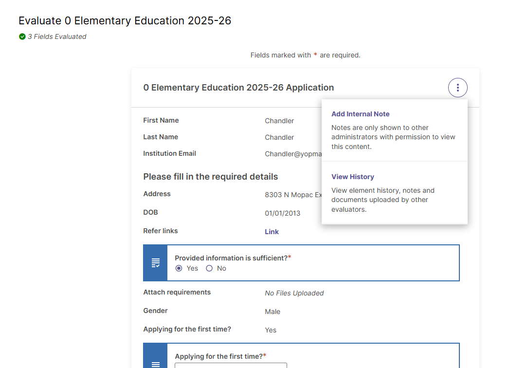 The application evaluation page showing completed applicant details with an options menu open for adding an internal note or viewing the application's history.