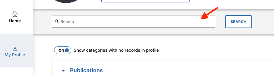 The My Profile page showing Search field with arrow pointing to it and Search button on right, with toggle for showing categories with no records displayed below.