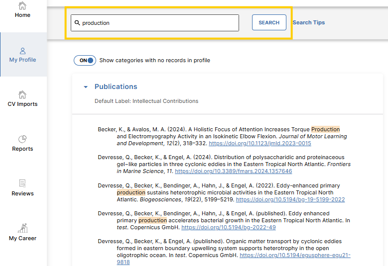 The My Profile page showing Search field with search term entered and Search button on right, with search results displaying Publications section below.