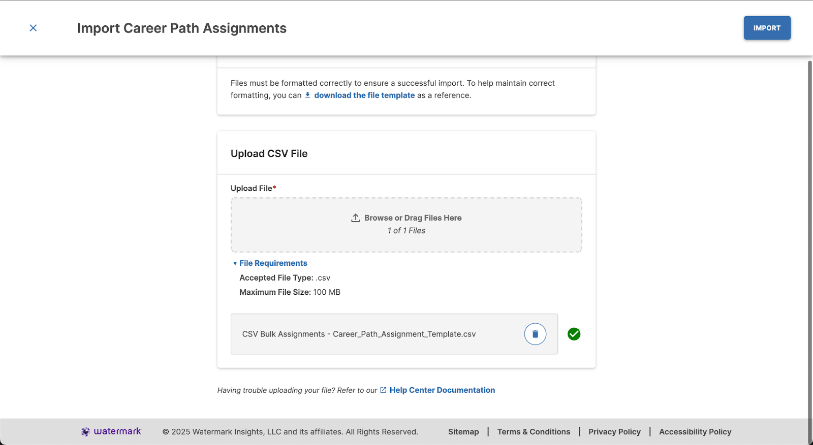 The Import Career Path Assignments page showing a CSV file successfully uploaded, with file requirements listed and the Import button available in the top-right.