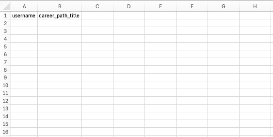 An excel table showing column headers username and career_path_title in the first row.